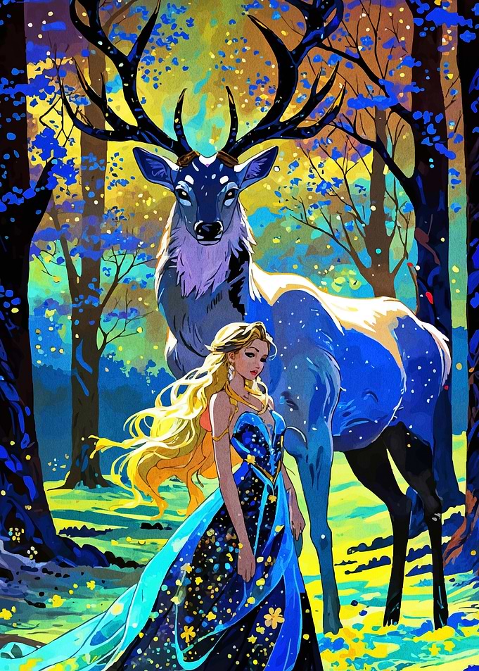 Woman and Deer Enchanted Forest