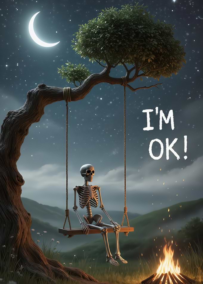 Skeleton on Swing at Night