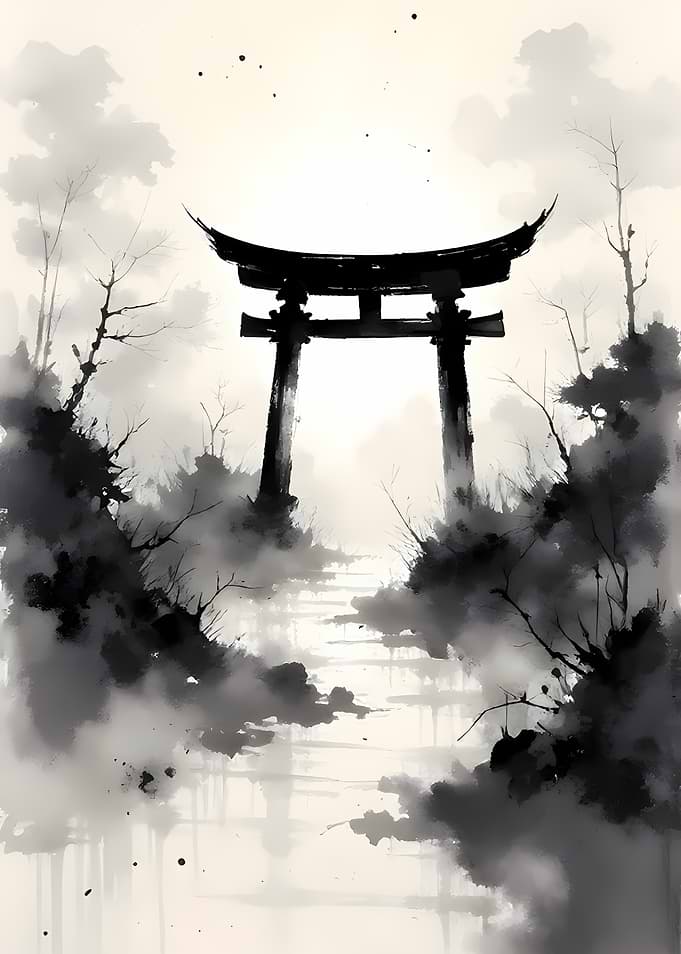 Japanese Torii Gate Ink Wash Painting