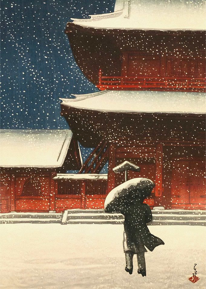 Japanese Temple in Winter Snowfall