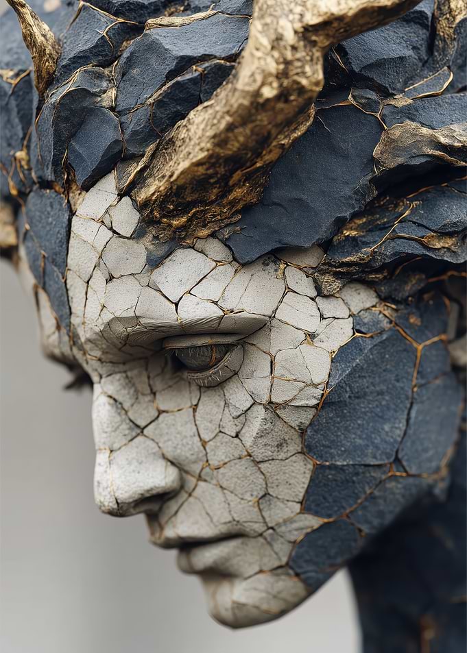 Cracked Stone Face with Golden Horns