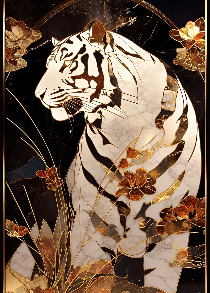 Marble Tiger with Golden Floral Accents