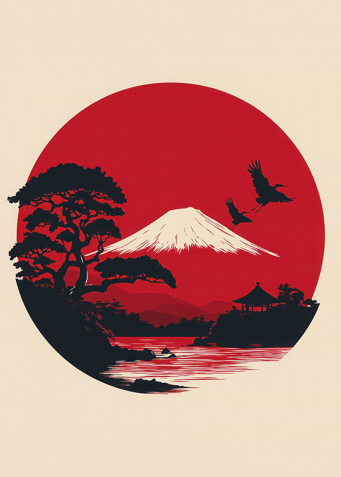 Japanese Landscape with Mount Fuji and Cranes