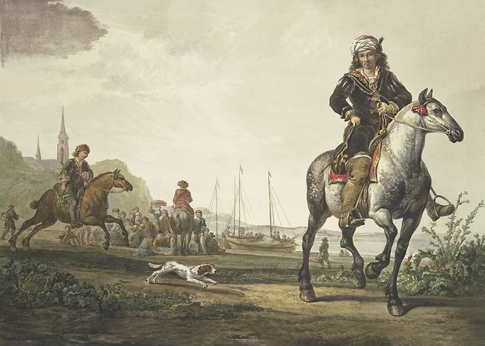 Equestrian Scene with Figures and Dog