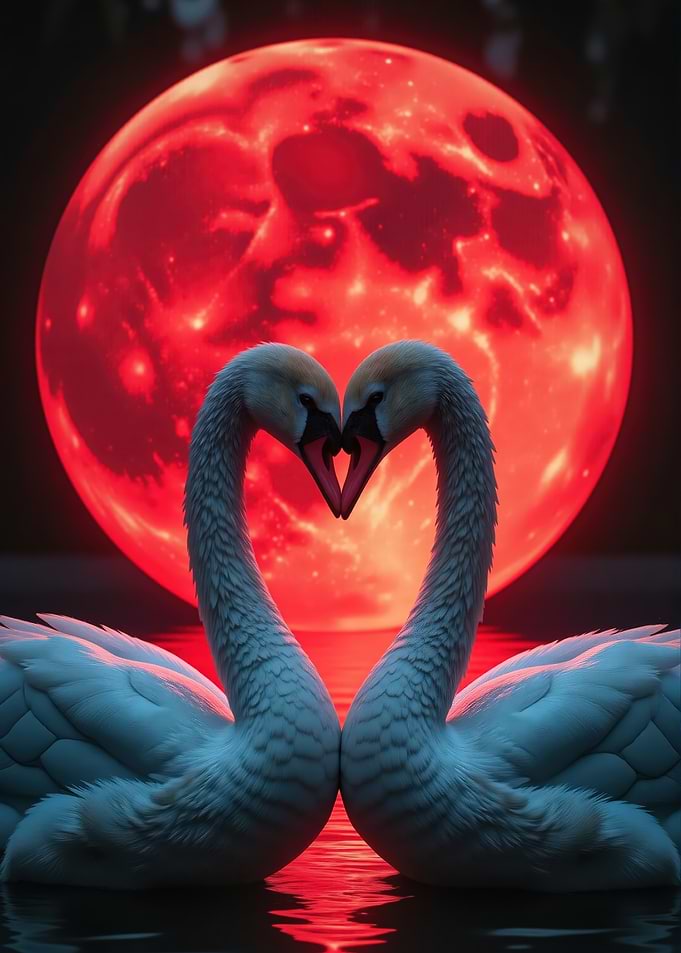 Swans in Love with Red Moon