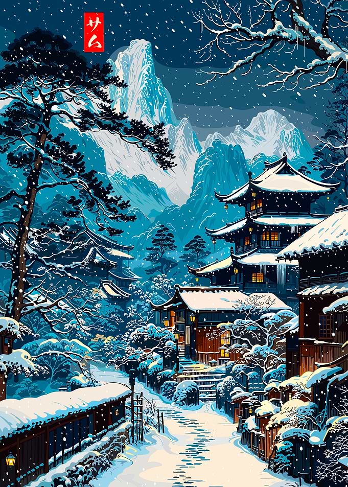Winter Japanese Village Landscape