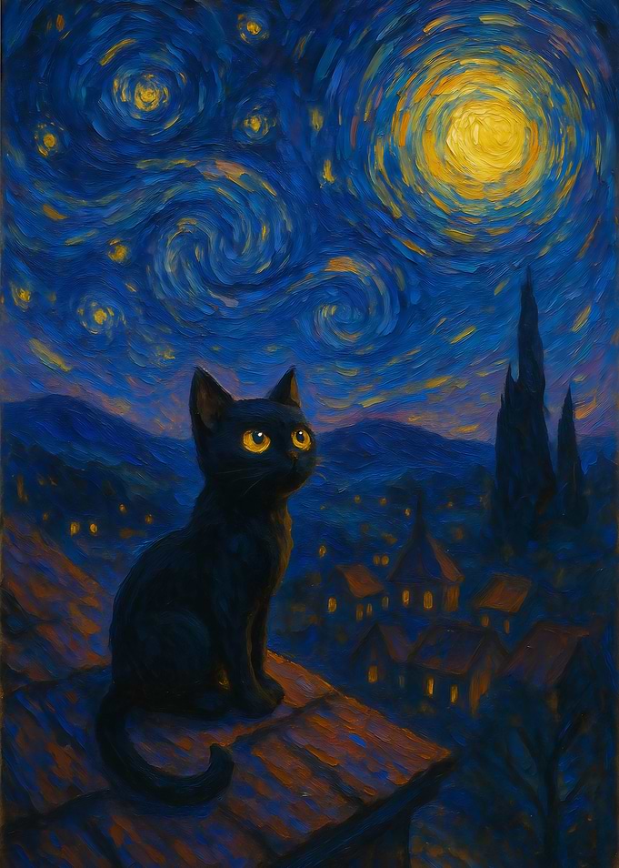 Black Cat Starry Night Painting