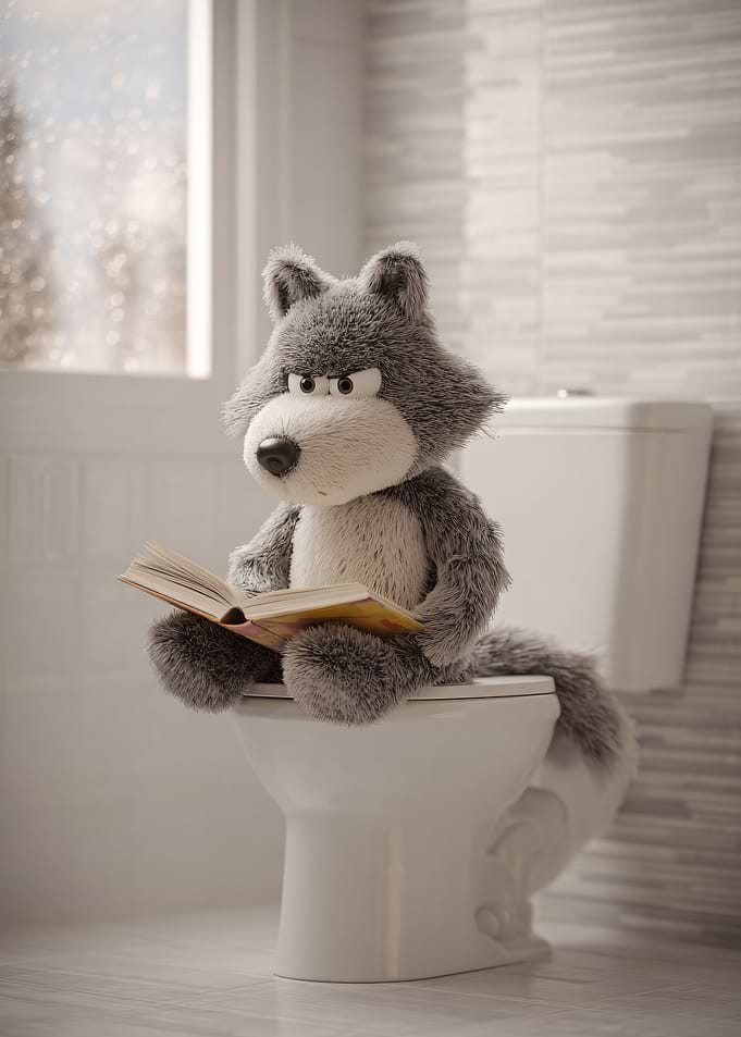 Wolf Plush Reading on Toilet