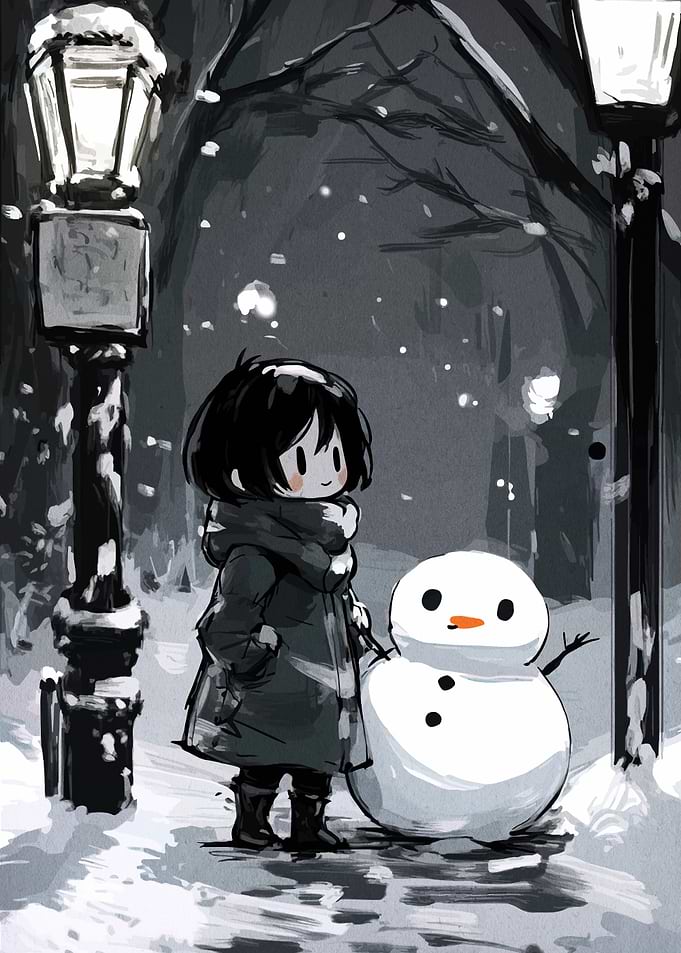 Girl and Snowman in Winter Night