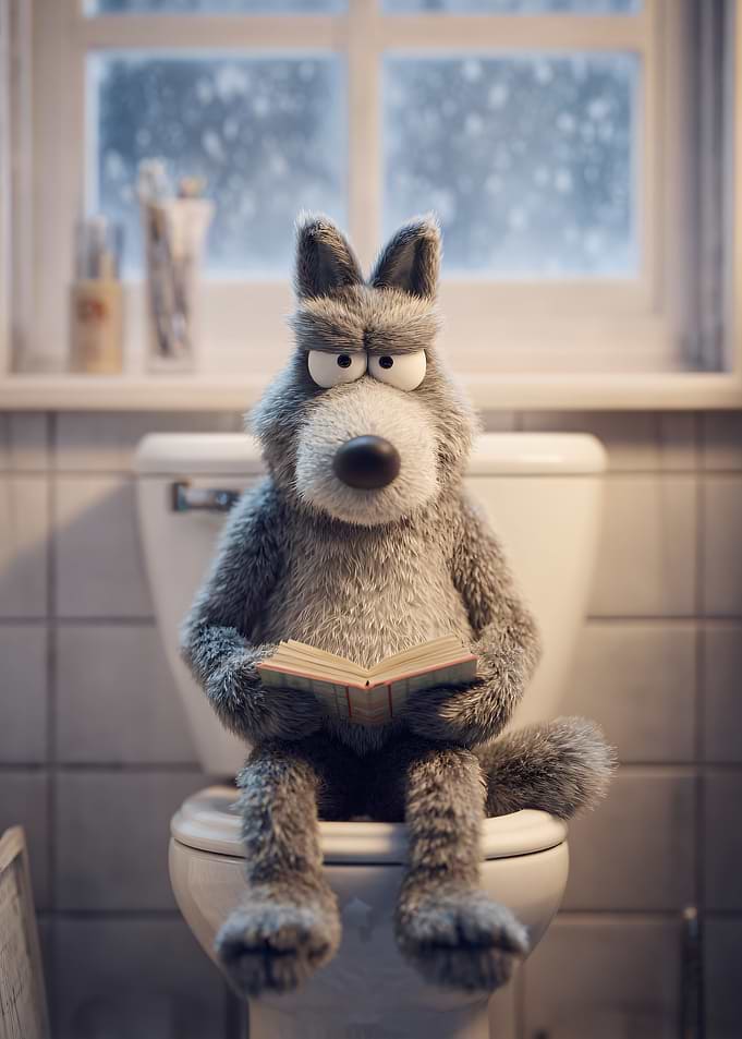 Wolf Reading on Toilet