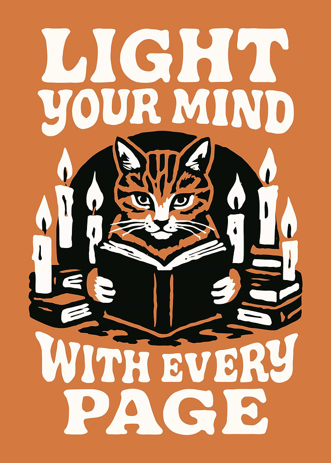 Cat Reading Book with Candles