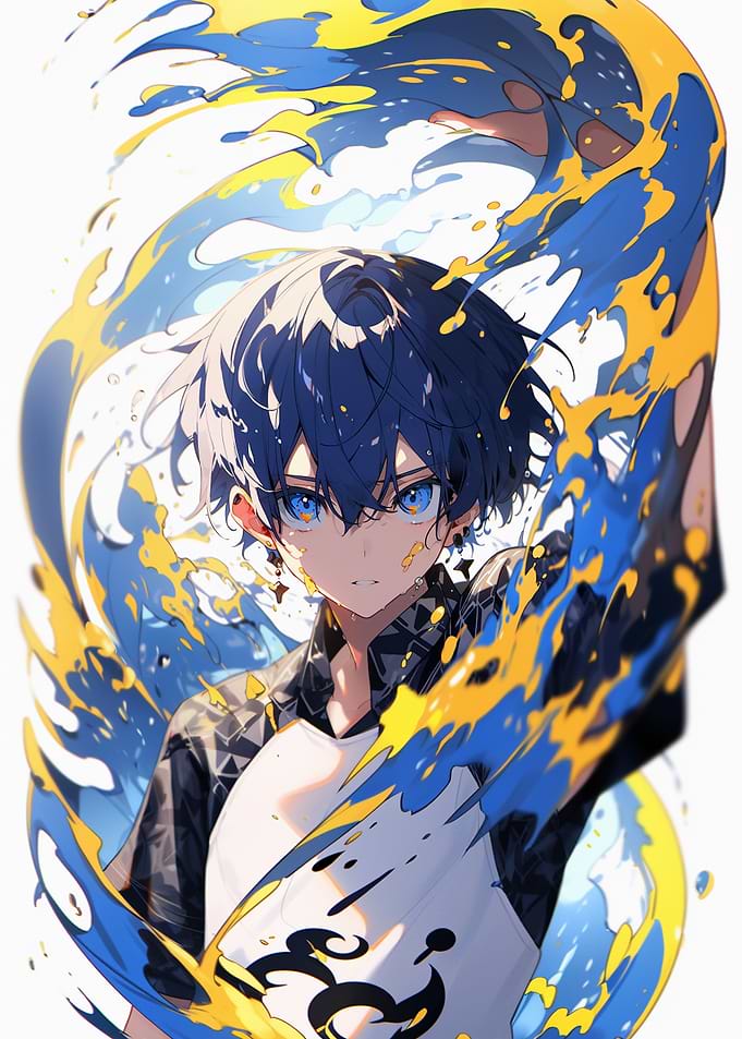 Anime Boy with Blue and Yellow Splash