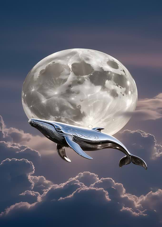 Chrome Whale Flying to the Moon