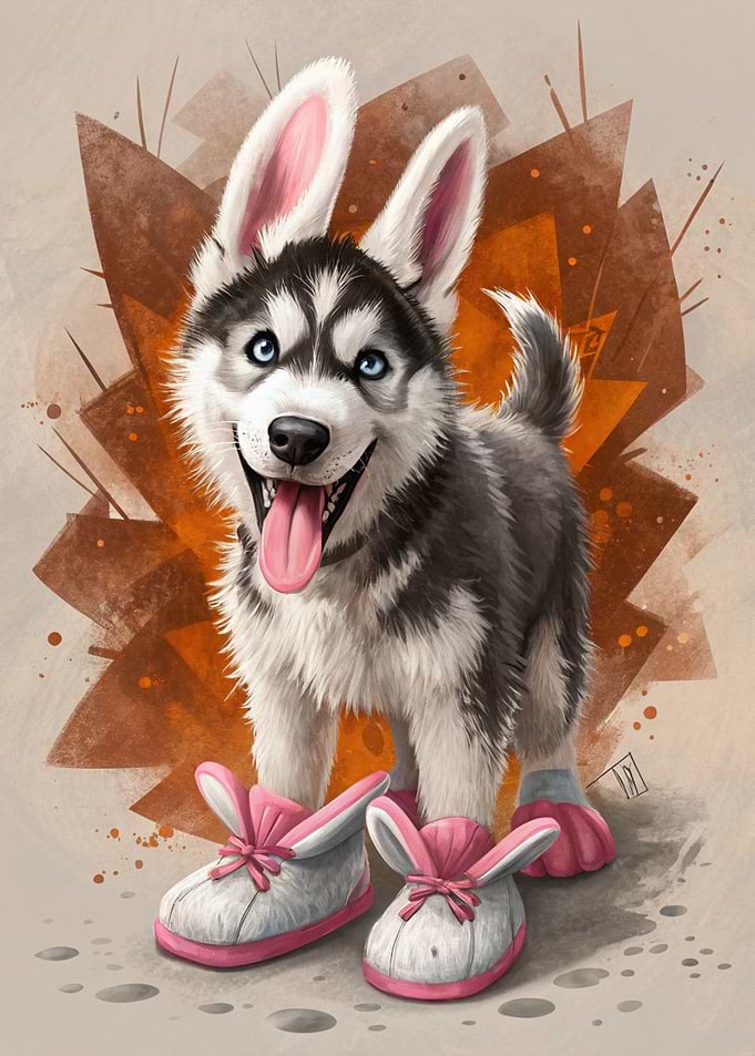 Husky Puppy with Bunny Slippers and Ears