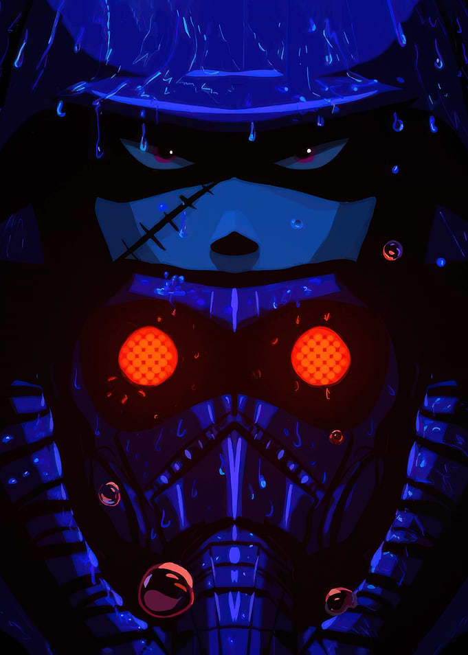 Blue Masked Figure with Red Eyes