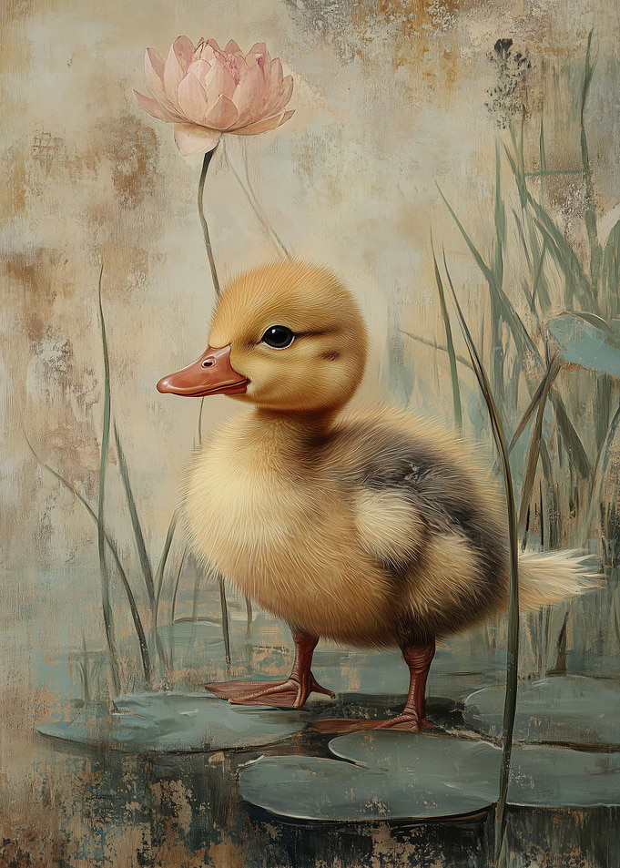 Duckling with Lotus Flower Painting