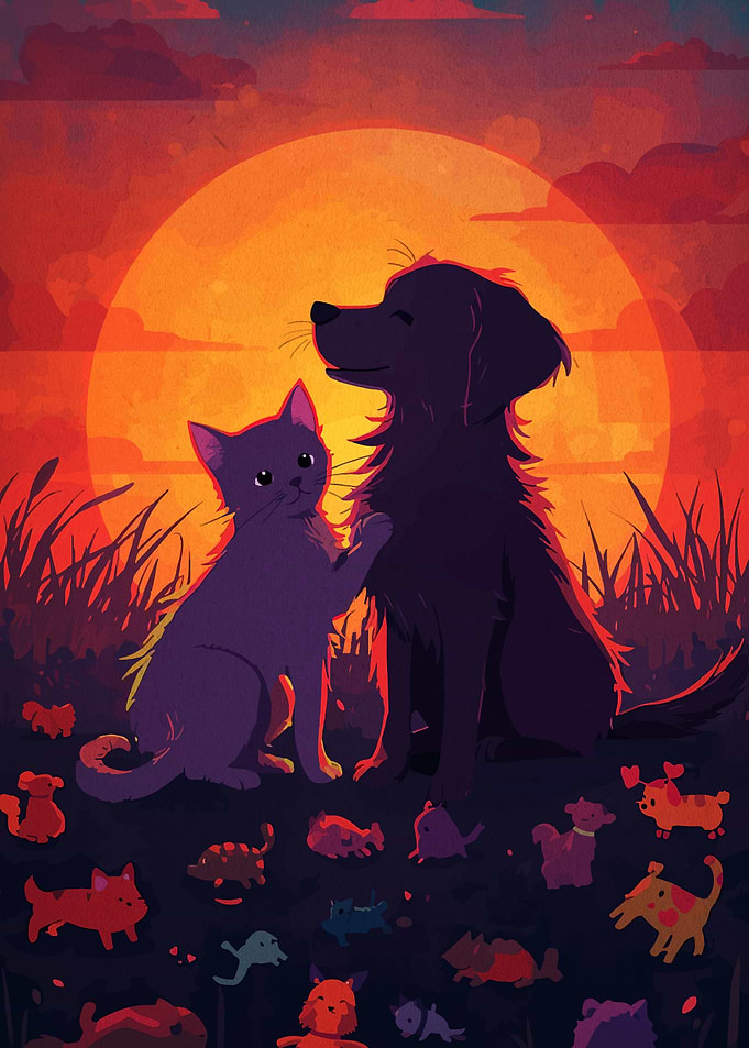 Cat and Dog Sunset Illustration