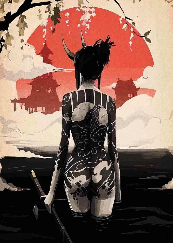 Tattooed Oni Woman in Japanese Landscape