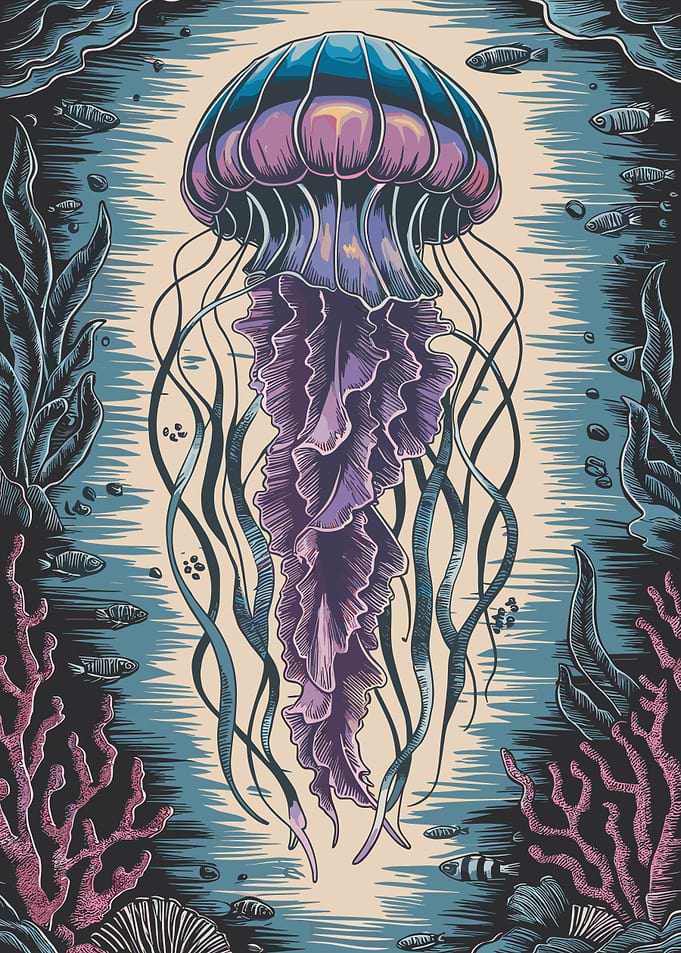 Detailed Lilac and Blue Jellyfish Botanical Illustration