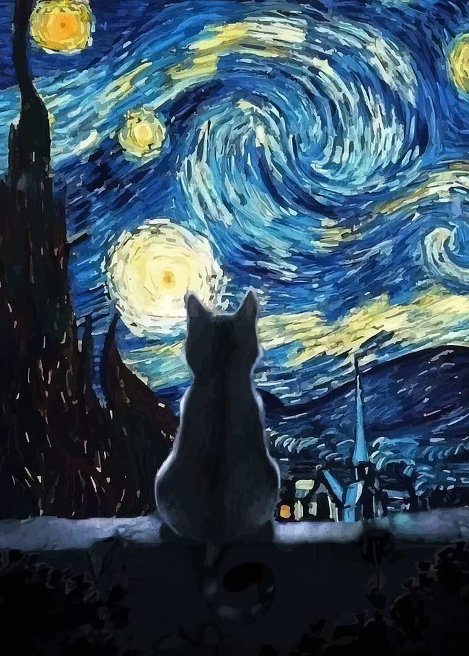 Cat Starry Night Painting
