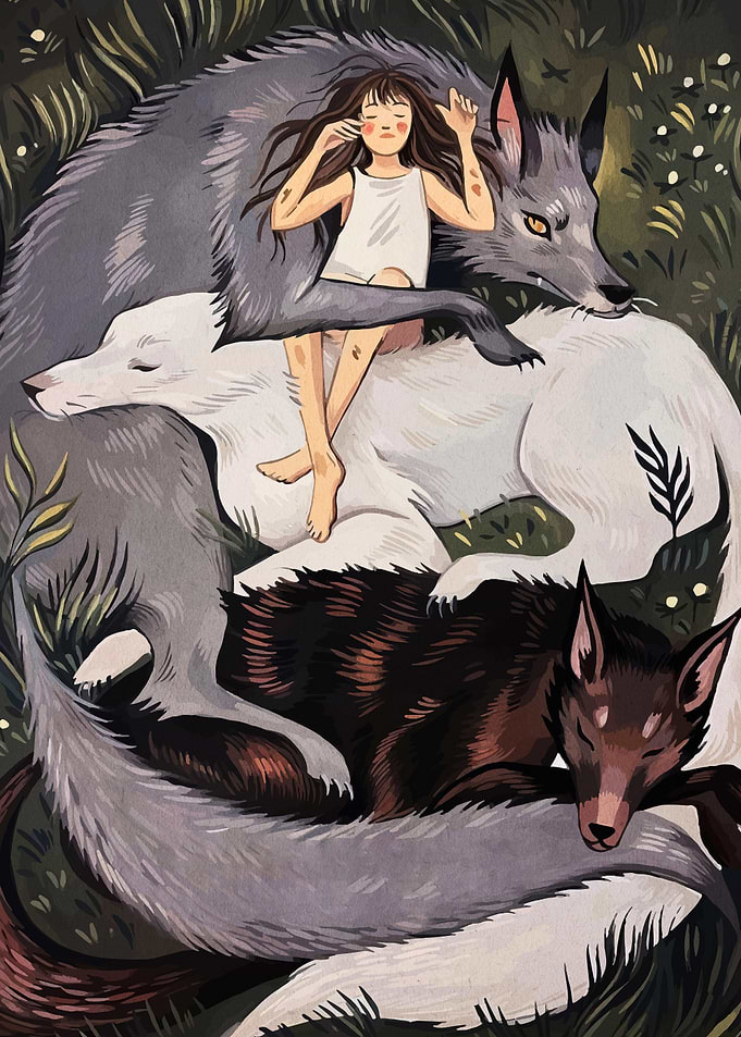 Girl Sleeping on Wolves Illustration