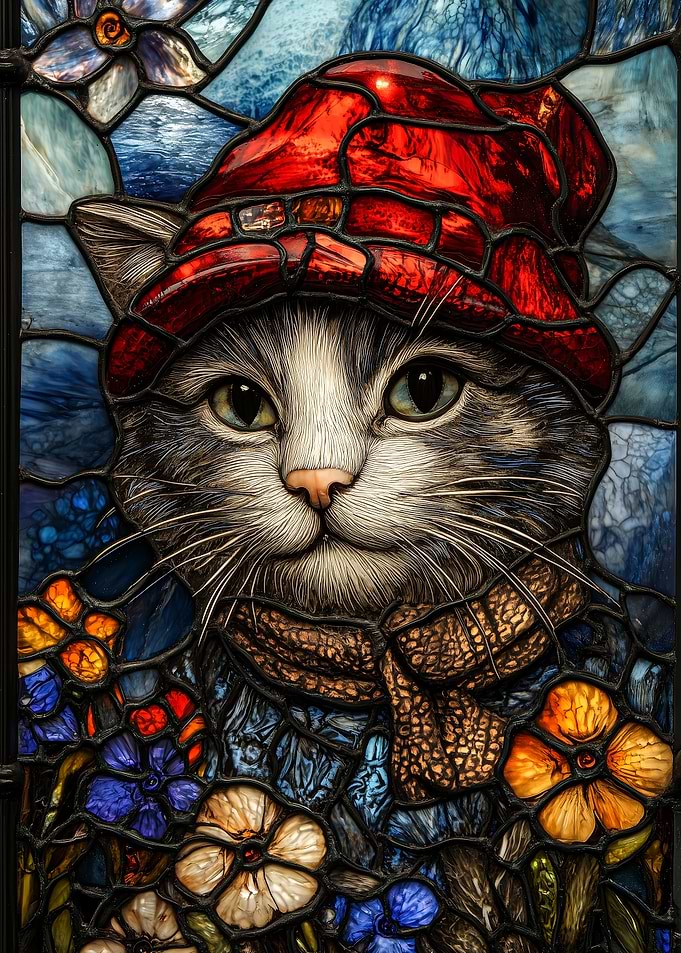 Stained Glass Cat with Red Hat