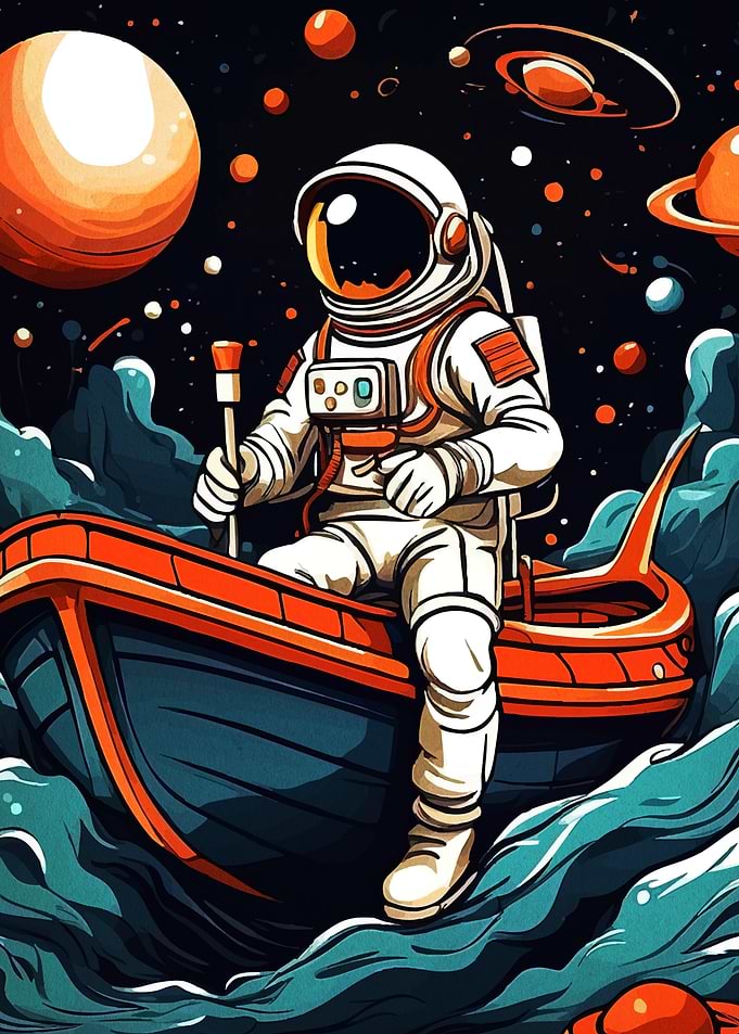Astronaut Boat Among Planets