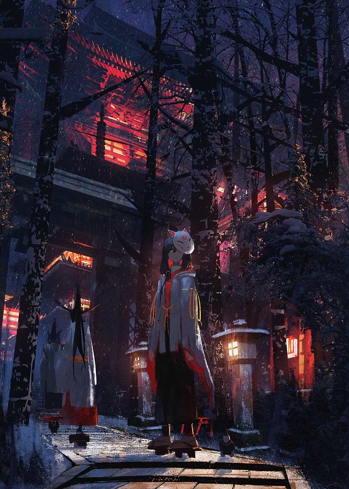 Snowy Shrine with Masked Figure