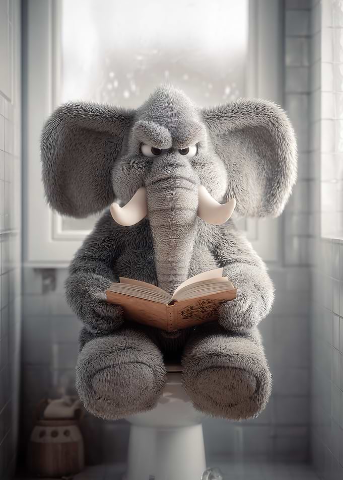 Grumpy Elephant Reading on Toilet
