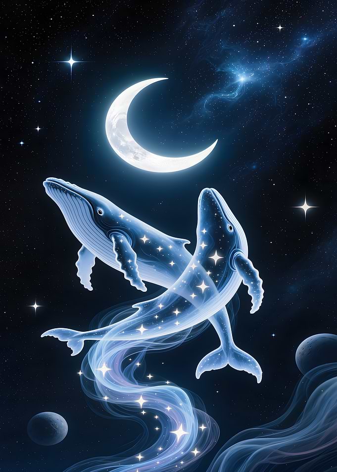 Celestial Whales Under Crescent Moon