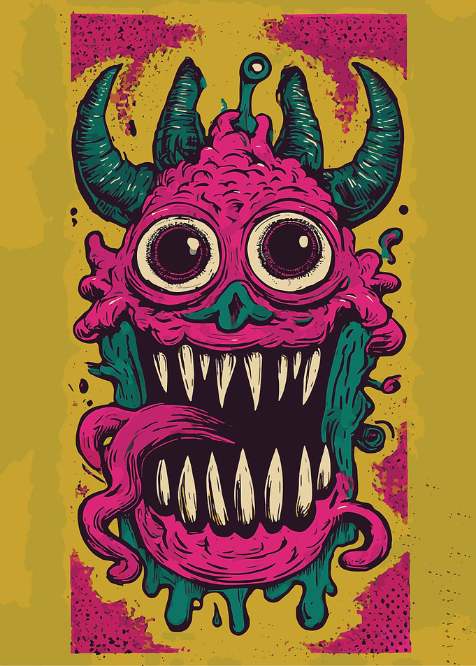 Cartoon Monster with Horns and Big Teeth