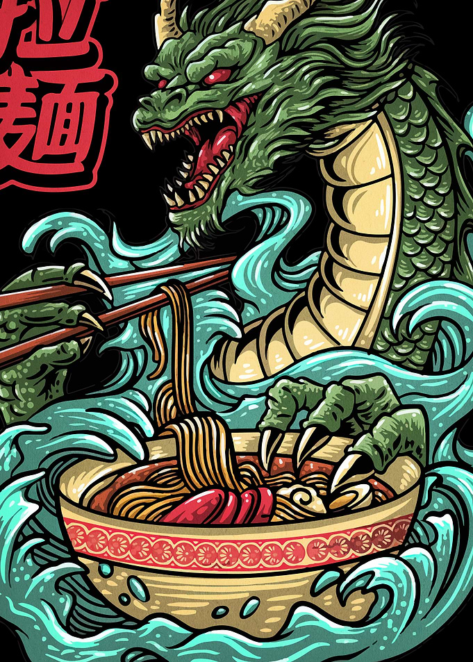 Dragon eating ramen illustration