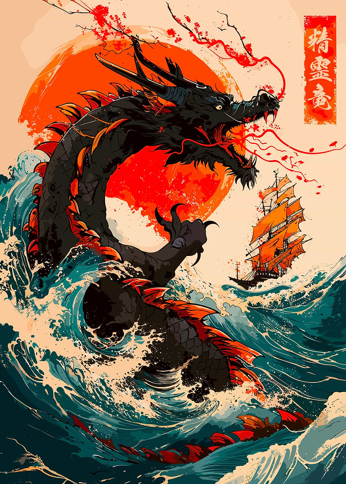 Japanese Dragon and Ship in Ocean