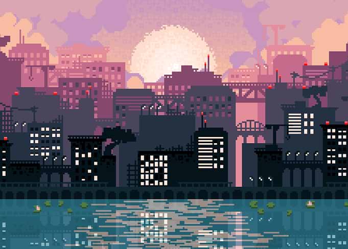 Pixel Art Cityscape at Sunset