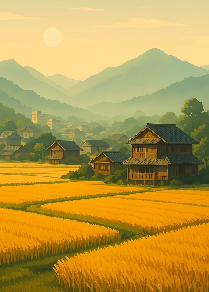 Japanese Village Landscape with Rice Fields