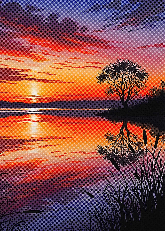 Sunset Lake Reflection Halftone