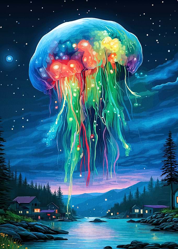 Colorful Jellyfish Over Lakeside Village
