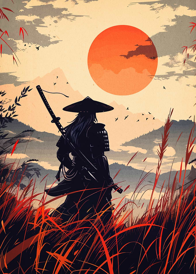 Samurai in Field with Rising Sun