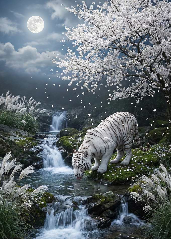 White Tiger Drinking from Waterfall