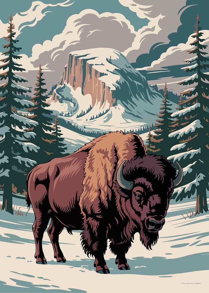 Bison in Winter Landscape Illustration