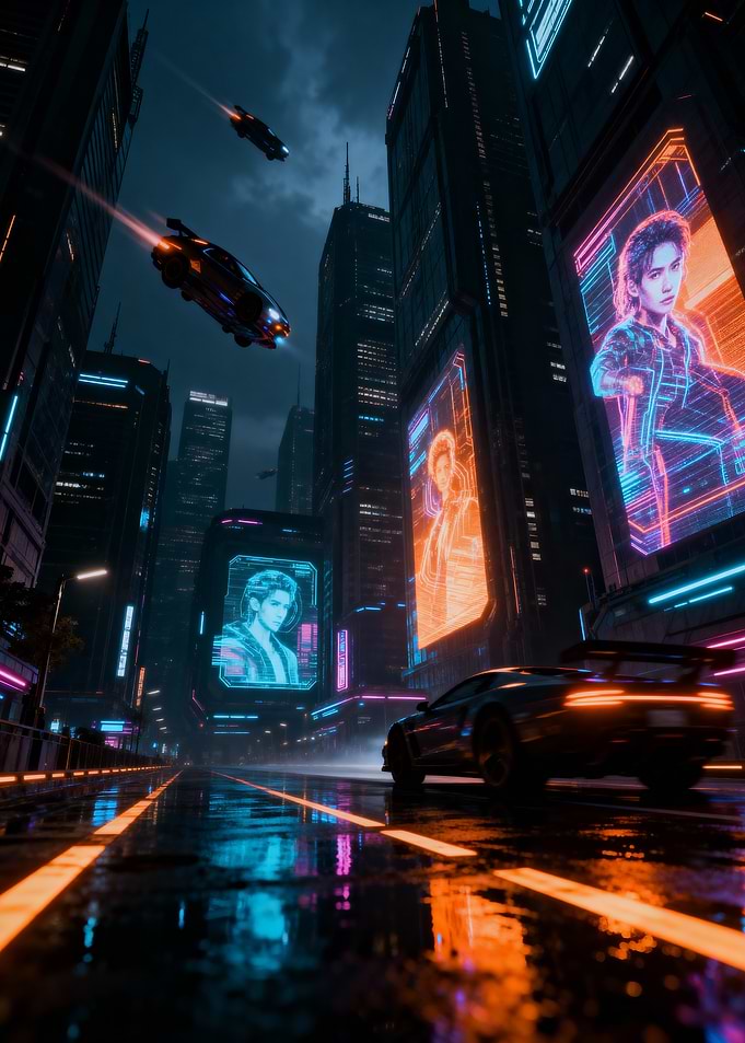 Cyberpunk Cityscape with Flying Cars