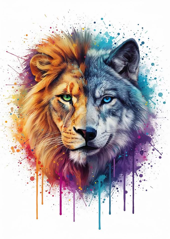 Lion and Wolf Watercolor Portrait
