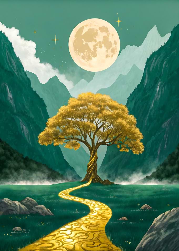 Moonlit Path Golden Tree Under the Full Moon Fantasy Landscape Art