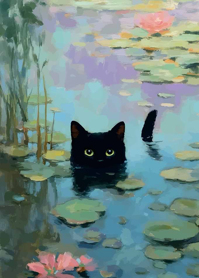Black Cat in Water Lilies Painting