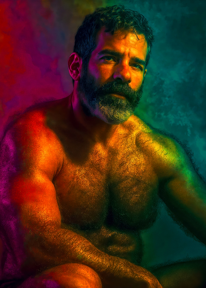 Bearded man portrait with colorful lighting