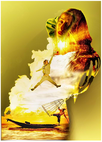 Surreal Composite Image with Woman and Fisherman
