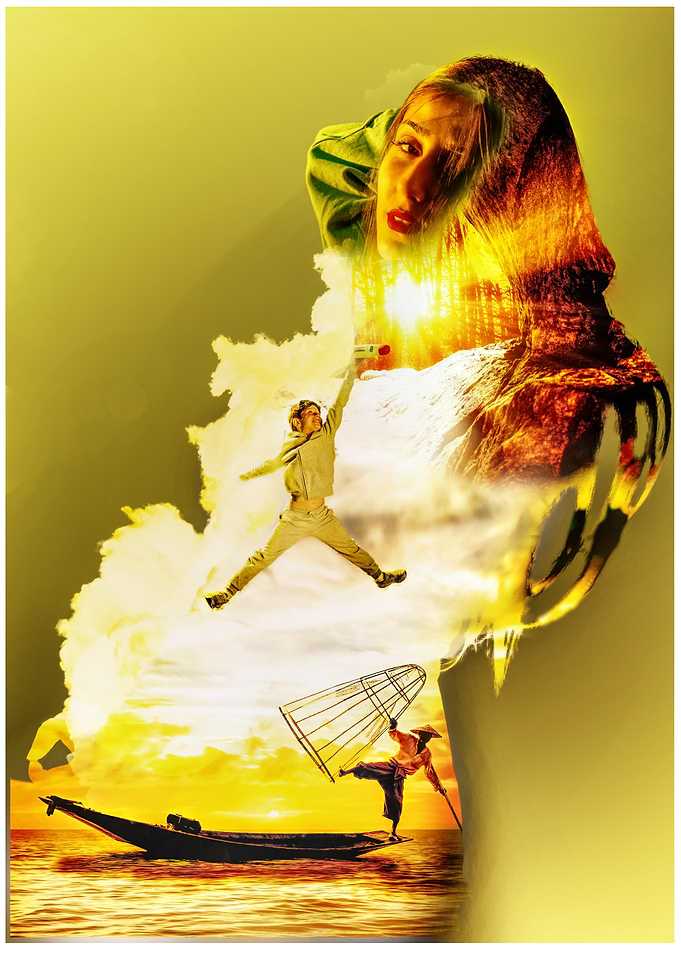Surreal Composite Image with Woman and Fisherman