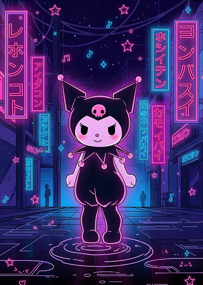 Kuromi in Neon Cityscape