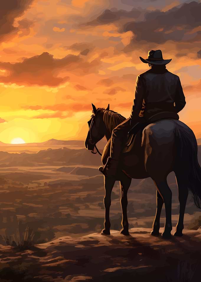 Cowboy on Horseback at Sunset