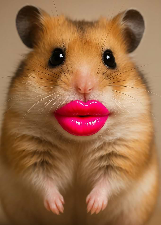 Hamster with bright pink lips